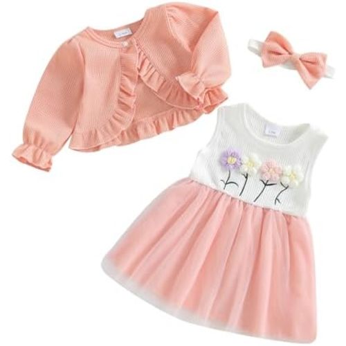 ZAXARRA Toddler Baby Girls Fashion Outfits Sleeveless Flower Print Dress Long Sleeve Ruffle Coat Bow Headband Clothing sets