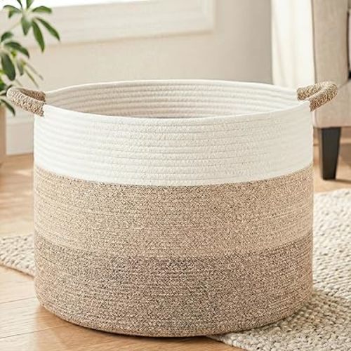 40L Large Cotton Rope Basket, Decorative Woven Blanket Storage for Living Room, Boho Toy Storage & Toy Box for Kids, Versatile Laundry Basket & Nursery Hamper for Blankets(Brownyellow)