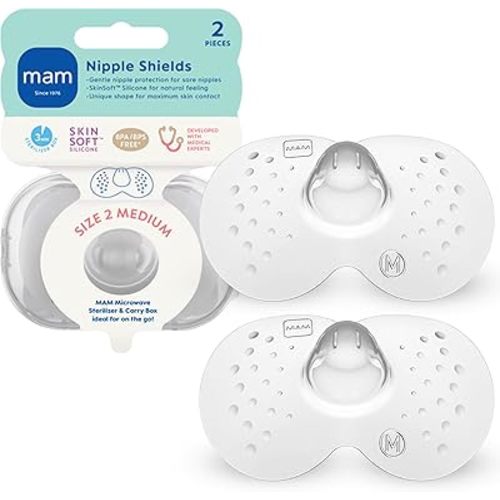 MAM Nipple Shields for Breastfeeding Medium 20mm – Ultra Thin Silicone Shield for Latch Assist, Protects Sore or Flat Nipples, SkinSoft Surface, Sterilizing Case Included, BPA Free (2 Pack)