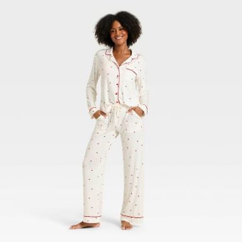 Women's Cloud Knit Modal Long Sleeve Notch Collar Top and Pants Pajama Set - Auden™ Cream Hearts L