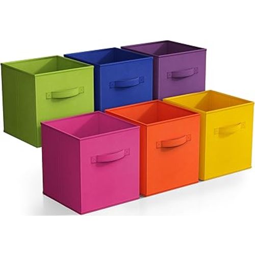 Sorbus 11 Inch Fabric Storage Cubes - Sturdy Collapsible Bins With Handle - 6 Foldable Baskets for Organizing Clothes, Toys, Books - Multi Colored Storage Baskets for Shelves, Kids Room, Closets