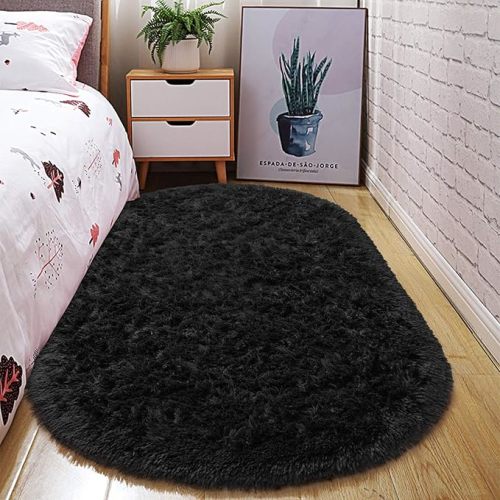junovo Ultra Soft Washable Shaggy Rug - Non-Slip Oval Carpet for Nursery, Kids Bedroom & Home Decor (2.6x5.3ft Black) | Plush Fluffy Floor Mat for Cozy Living Spaces