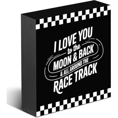 Racing Love Sign, Wooden Box Decor 5x5 in, Black Checkered Shelf Decor, Race Track Quote Sign, Racing Gift for Couples, I Love You to the Moon and Back.(015)