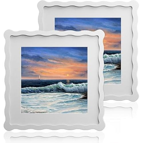 10x10 Wavy Picture Frame With Mat For 8x8, Wavy Edge Wooden Picture Frame with Real Glass - Wall Mount and Tabletop Display, White, 2 Pack