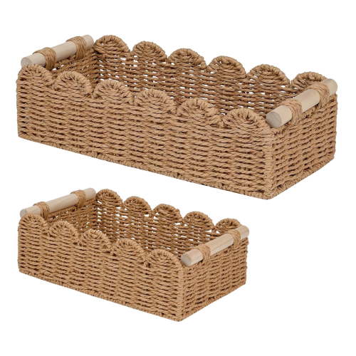 2 PCS Woven Storage Basket, Handmade Paper Rope Toilet Paper Basket with Wooden Handles, Neutral Decorative Woven Box Organiser for Living Room, Home, Bathroom, Small+Large