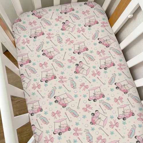 Girly Golf Stripes Bows Floral Baby Crib Sheets for Girls Pastel Pink Golfing Soft Snug Fitted Crib Mattress Covers for 52''x28'' Standard Crib & Toddler Mattress Preppy Girl Sports Nursery Bed Sheets
