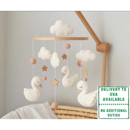 Felt Swan Mobile: Baby Girl Nursery Decor, Handmade Crib Mobile