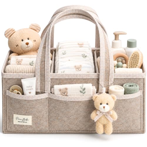 PeraBella Baby Diaper Caddy Organizer, XL Baby Basket Shower Gift Caddy, Portable Felt Changing Table Basket, Nursery Storage Bin, Newborn Boy and Girl Essentials for Registry, Car Diaper Organizer