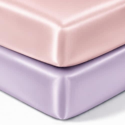 Pro Goleem Satin Mini Crib Sheets 2 Pack Fitted Sheet, Pink & Purple | Silky Soft for Baby Hair Protection, 38"x24"x5" Breathable Mattress Cover Compatible with Pack n Play & Portable Crib