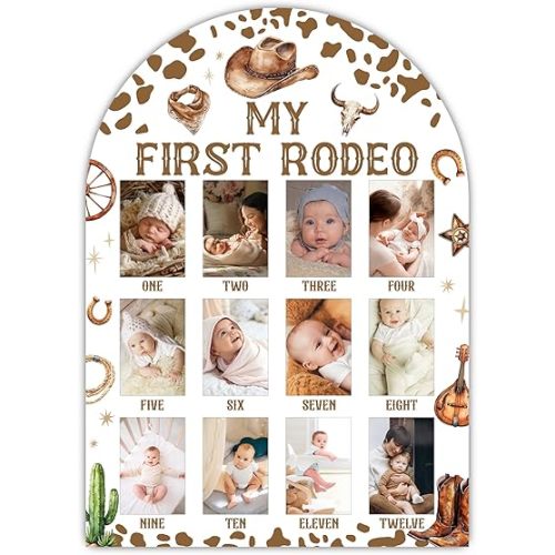 Western Cowboy My First Year Photo Board, My First Rodeo Baby Milestone Signs for Boys Girls Nursery Decor, 12 Month Wooden Picture Board for 2x3 Photos, Best Babies Keepsake Gifts-B05