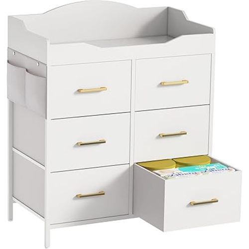 Table à langer blanche avec 6 tiroirs en tissu et poches latérales, commode pour chambre d'enfant et chambre à coucher