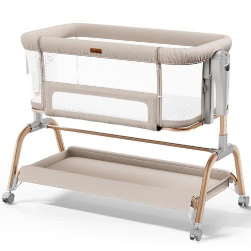 NeoBorn 3 in 1 Baby Bassinet, Bedside Bassinet for Baby, Rocking Bassinet with Breathable Full-Mesh, Mattress and Soft Sheet, Adjustable Height, Stable and Secure Crib for Newborns
