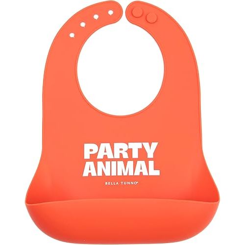 Baby Bib for Eating by Bella Tunno, Waterproof Silicone Bib with Large Food Catcher, Adjustable Fit for Babies 4-12 months & Toddlers 1-3 Years, Boys & Girls, Party Animal
