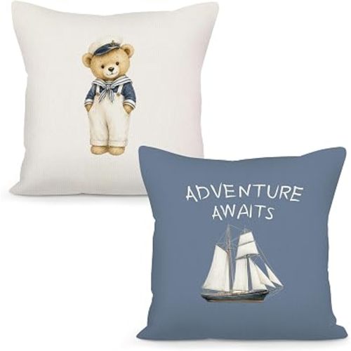 Nautical Coastal Bear Nursery Throw Pillow Covers 18x18 Set of 2