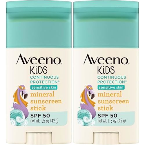 Aveeno Kids Continuous Protection Zinc Oxide Mineral Sunscreen Stick for Sensitive Skin,Face & Body Sunscreen Stick for Kids with Broad Spectrum SPF 50,Sweat- & Water-Resistant,1.5 oz,(Pack of 2)