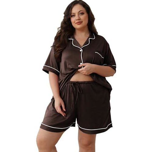 Women Plus Size Pajamas Button Down Short Sleeve Top & Shorts Lounge Sets Outfit Summer Soft Pj Bride Sleepwear