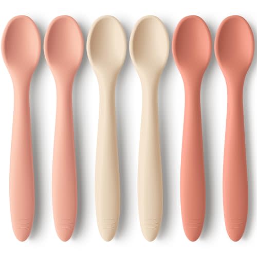 KeaBabies Silicone Baby Spoons, Self Feeding 6-12 months - 6-Pack Baby Weaning Eating Utensils, Toddler First Food Training Spoon, Infant, Kids Feeding Supplies Essential Set,Dishwasher-safe (Roseate)