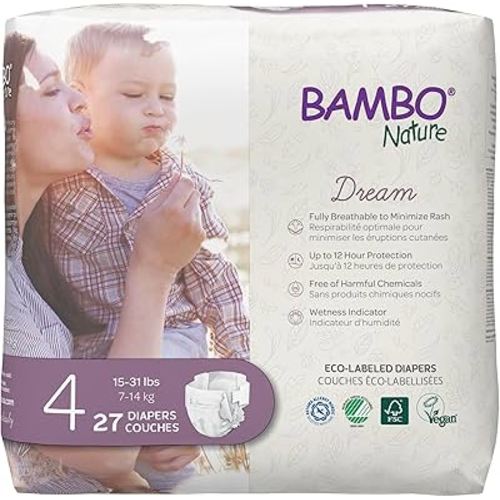 Bambo Nature Hypoallergenic Baby Diapers, Eco-Labelled Sustainable Diapers, Enhanced Leakage Protection, Totally Chlorine-free, Skin Friendly, and Super Absorbent - Size 4 (27 Count)