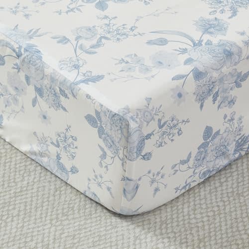 Brandream Baby Crib Sheets for Girls Boys, Fitted Crib Sheet for Standard Crib and Toddler Mattress, Super Soft 100% Cotton Baby Sheet French Country Toile Botanical Grandmillennial Floral Print, Blue
