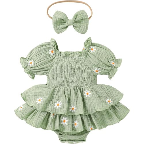 Happy Town Baby Girl Clothes Infant Summer Romper Dress Ruffle Short Sleeve Jumpsuit with Headband Cute Toddler Outfits