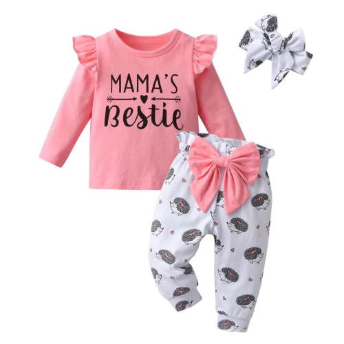 Infant Baby Girl Clothes Letter Long Sleeve Ruffle Tops Animal Pattern Pants and Headband Outfits Set Pink 3-6 Months