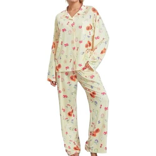 Womens 2 Piece Floral Fruit Button Down Pajama Sets Cute Long Sleeve Wide Leg Soft Pjs Loungewear