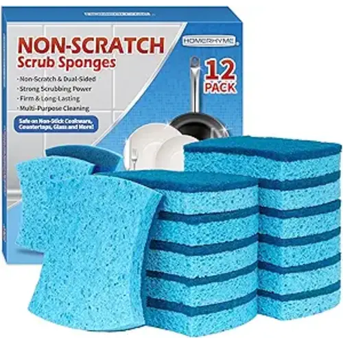 Non-Scratch Cellulose Scrub Sponges 12 Pack, Sponges Kitchen with Double-Side & Ergonomic Design for Dishes, Coated Cookware, Sink & Countertops.