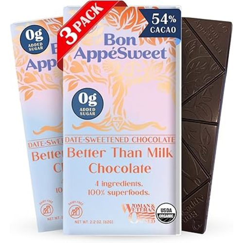 Bon Appesweet Date Sweetened Chocolate Bar - Better than Milk Chocolate | 2.2 Ounce (Pack of 3) | Organic, Zero Added Sugar, 54% Cacao, Plant Based, Dairy Free, and Guilt Free!