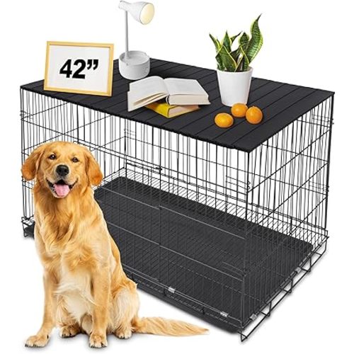 Dog Crate Topper Metal with Magnets for 42 Inch Crate - Aluminum Foldable Dog Kennel Topper Decorative Storage Pet Crate Table Black (Only Topper)