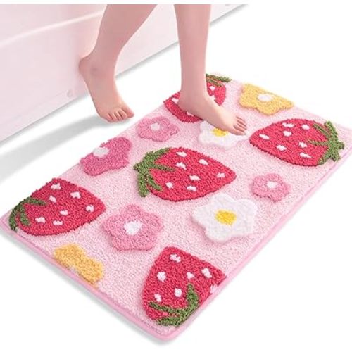 Anybar Pink Bathroom Rugs Cute Strawberry Flower Bath Mat Bathroom Accessories, Funny Colorful Non Slip Floor Bath Rug Machine Washable Bathmat Soft Microfiber Carpet for Shower, Bathtub (18x25 inch)