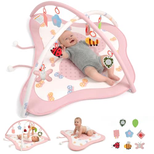 Pamo Babe Baby Play Gym & Activity Mat with 8 Montessori Toys | Non-slip Foldable Baby Playmat for Stage-Based Development, Machine Washable Baby Gym Play Mat for Newborn Essential Gift