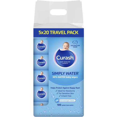Curash Simply Water Wipes Travel 5 x 20 pack