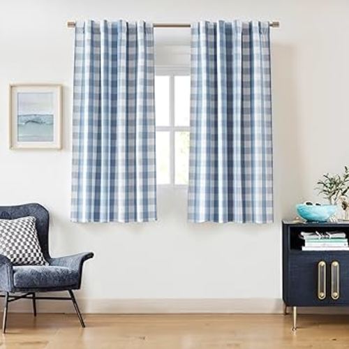 Short Buffalo Plaid Blackout Curtain Panels 63 Inches Long,Dusty Blue and White Gingham Drapes with Room Darkening Liner,Thermal Insulated Window Treatment,Rod Pocket Back Tabs,40" Wx63 Lx2