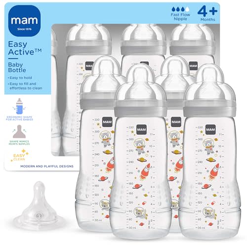 MAM 11oz Active Natural Flow Active Anti-Colic Baby Bottle, 4+ Mths, 4 Pack | BPA Free, Fast Flow Skin Soft Anti-Colic Silicone Nipple, Anti-Slip Grip, Leak-Proof, Made In Europe, Grey