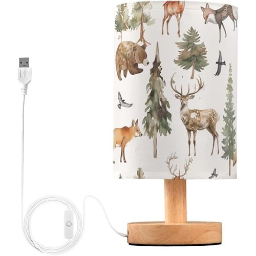 Table Lamp Watercolor Animal Forest Tree Deer Fox Bear Nightstand Lamp with Wood Base Fabric Lamp Shade Bedside Desk Lamp for Living Room Bedroom Kids Room Office