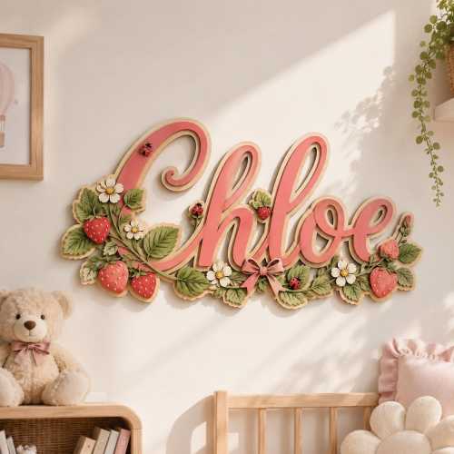 Personalized Strawberry Nursery Name Sign, Wooden Baby Name Sign, Floral Berry Wall Decor, Custom Baby Girl Room Sign, Baby Shower Gift