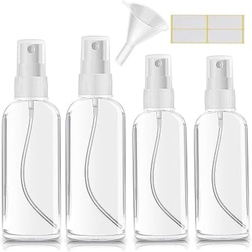 Small Spray Bottle, Clear Empty Mini Travel Plastic Bottle. Premium spray bottles for perfumes and cosmetics. 2 * 1oz, 2 * 1.7oz. (4 Pack)