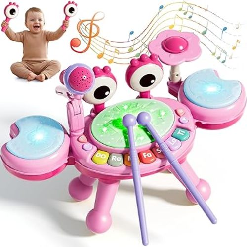 Toddler Drum Set for Kids 1-3, Baby Drum Set 1 Year Old with Light-Up Microphone, Musical Instruments Montessori Learning Toys for 6 9 12 18 Months, Birthday Gift for Boys Girls（Pink）