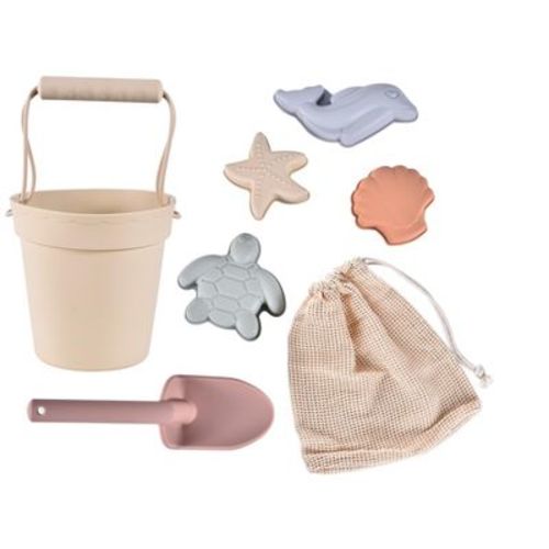 Link Ready! Set! Play! Silicone Beach & Pool Toy 7pc Set For Travel Bucket Shovel 4 Sands Molds For Toddlers & Babies Carry Bag Included - Beige