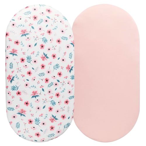Bassinet Sheet Set 2 Pack Snug Fitted Cradle Fitted Sheets, Stretchy Ultra Soft, for Oval Rectangle Hourglass Bassinet Mattress, Unisex Boy Girl, Floral & Pink