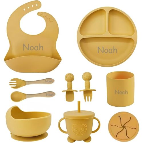 Personalized Silicone Suction Plates for Baby，Custom Toddlers Spoon and Fork, Baby Feeding Set with Name (Light Pink)