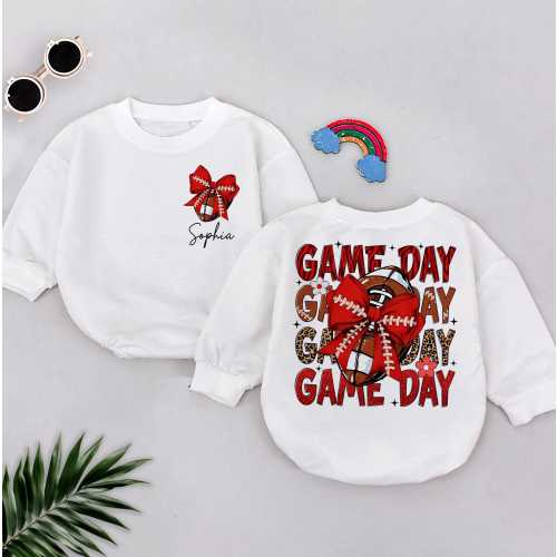 Personalized Game Day Baby Romper Sweatshirt, Sports Baby Girl Outfit, Custom Name Baby Outfit, Fall Toddler Sports Clothes