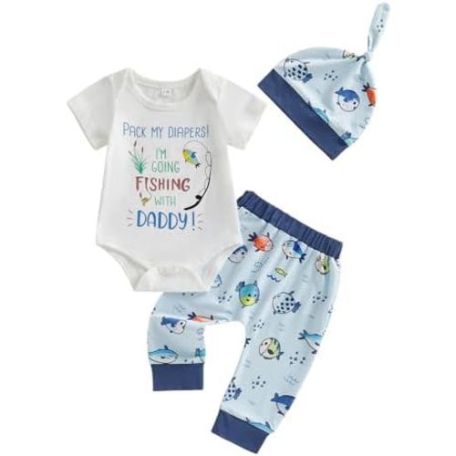 Karuedoo Newborn Baby Boy Fishing Outfit Letter Print Short Sleeve Romper Fish Print Pants with Hat 3 Piece Sets