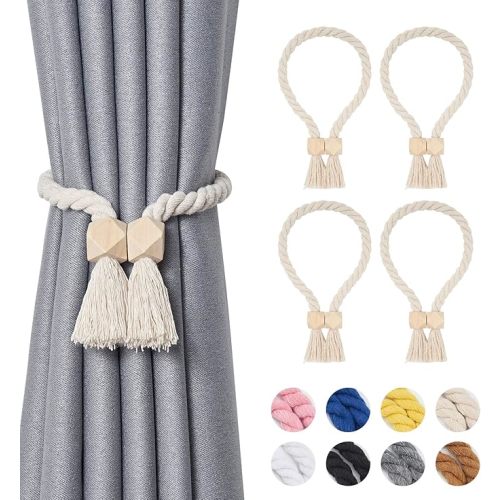 NICEEC 4 Pack Wooden Polyhedron Magnetic Curtain Tiebacks Boho Home Decor Drape Tie Backs Natural Cotton Hand Woven Rope Curtain Holdbacks for Home & Office Window Draperies (Beige)