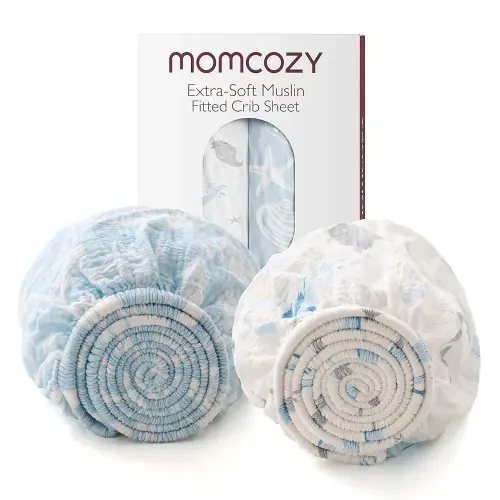 Momcozy Muslin Fitted Mini Crib Sheets, 38''x26'', 2 Pack Soft Breathable Natural Cotton Baby Mattress Sheet, 360° Mattress Wrapping No Slip Boys Girls Neutral Toddler Bed Sheet, Ocean Sound