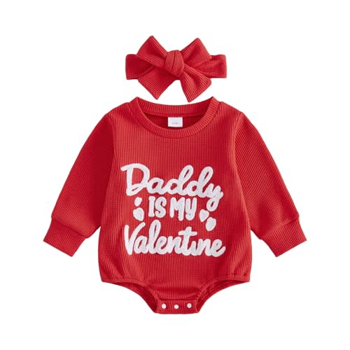 DSOKUHIB Baby Girl Valentines Outfit Daddy Is My Valentine Sweatshirt Bubble Romper Waffle Long Sleeve Bodysuit Headband Set