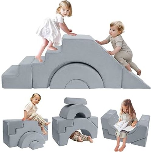 MeMoreCool Foam Climbing Toddler Couch, Modular Kids Sofa with Slide & Stair, Convertible Baby Couch for Playroom, Sectional Furniture for Crawling, Climbing, and Kids’ Play