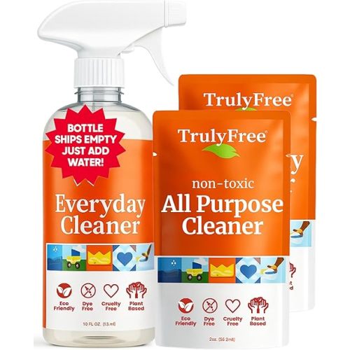 Truly Free Everyday Cleaner - Multipurpose Cleaner Spray, Kitchen Counter Cleaner, Natural Cleaning Products, Multi-Surface Household Solution, 1 Empty Bottle Spray (16oz) & 2 Refills (3oz each)