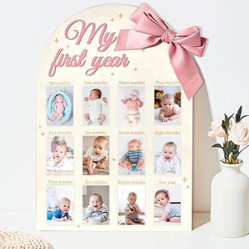 3D Pink Bow My First Year Photo Frame Board Monthly Milestone Wooden Display Board Coquette 1st Birthday Girl Decorations Baby’s First Year 12 Months Sign Nursery Decor Keepsake Baby Shower Gifts
