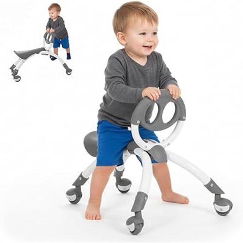 YBIKE Pewi Walking Toddler Ride On Toys - from Baby Walker to Toddler Balance Bike for Ages 9 Months to 3 Yrs, Durable Walking Buddy Push Toy, Comfortable, Indoor & Outdoor, Up to 44 Lbs, Gray